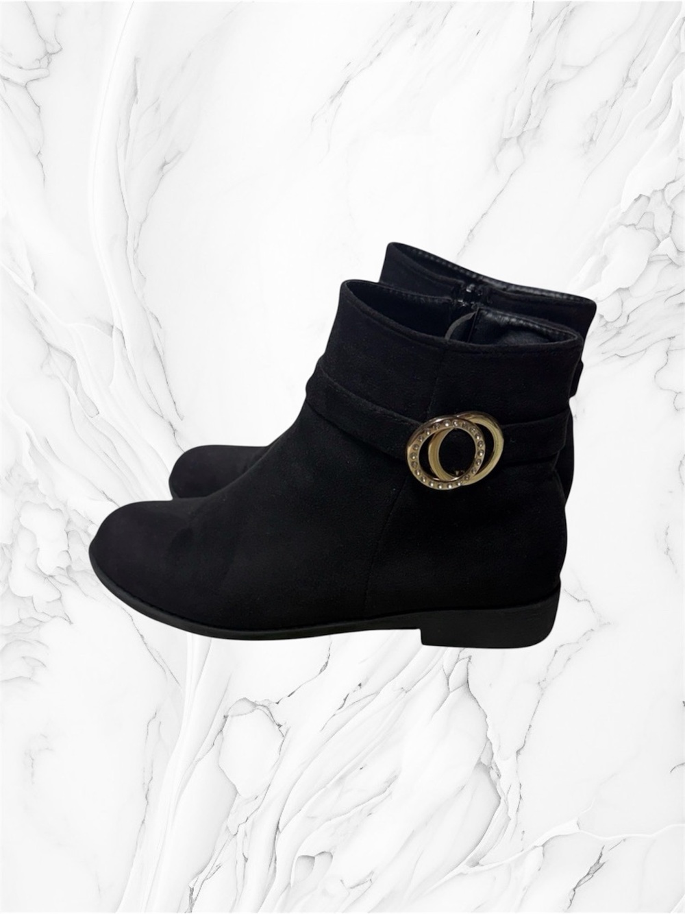 Black Ankle faux suede ankle Booties with Gold Buckle 8.5